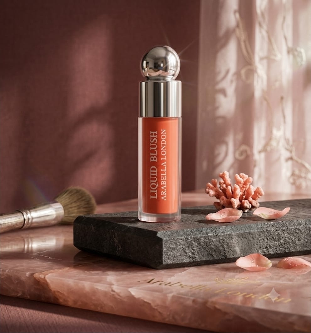 A bottle of Arabella London Liquid Blush in a warm peach-orange shade, displayed on a dark slate block with cosmetic brushes and pink petals against a soft, warm-toned background.