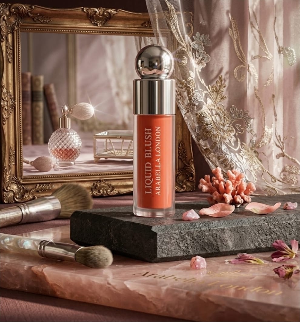 A bottle of Arabella London Liquid Blush in a warm peach-orange shade, styled on a dark stone block with makeup brushes, pink petals, and an ornate gold mirror in the background.