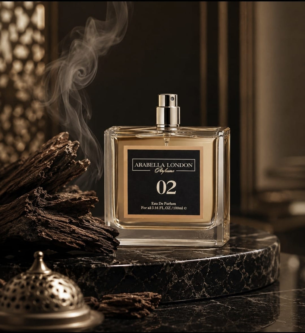 Arabella London Oud Louis Vuitton Ombre Nomade ,A rectangular glass perfume bottle labeled 'ARABELLA LONDON Elegance 02' sits on a dark marble slab with wood and a metal incense burner in a moody, smoky setting. oil based fragrance